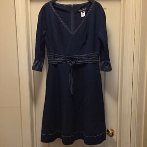 Oscar de la Renta Navy Long Sleeve Dress with Belt. A-8
